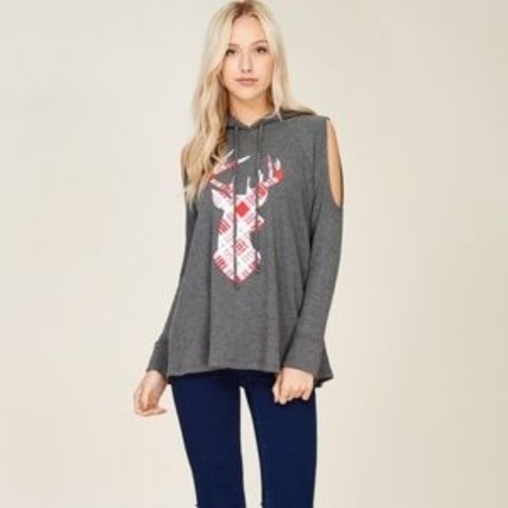 Christmas Top Cold Shoulder Gingham Reindeer - Picture 4 of 6